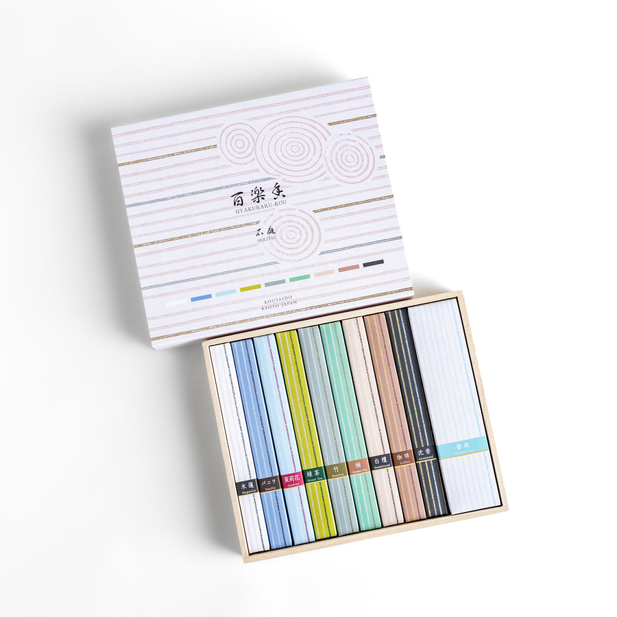 Incense set featuring a selection of delicate fragrances in an elegant box with a minimalist Japanese design, perfect for relaxation, meditation, and daily rituals.