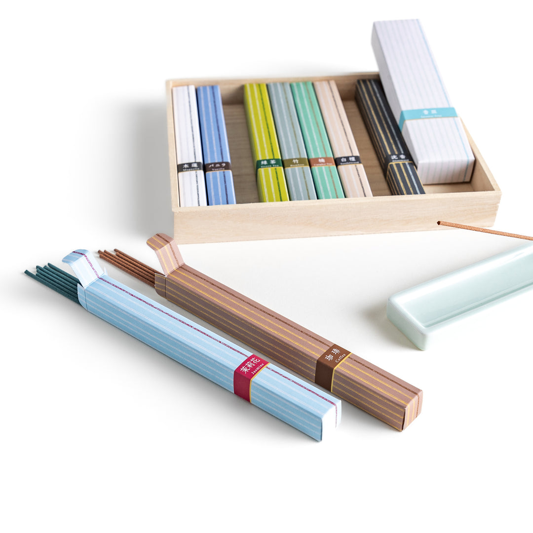 Incense set featuring a selection of delicate fragrances in an elegant box with a minimalist Japanese design, perfect for relaxation, meditation, and daily rituals.