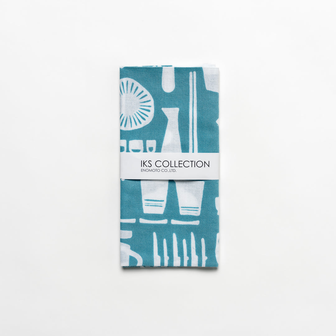 Blue Tenugui Hand Towel with a white graphic print of various kitchen utensils and tableware.