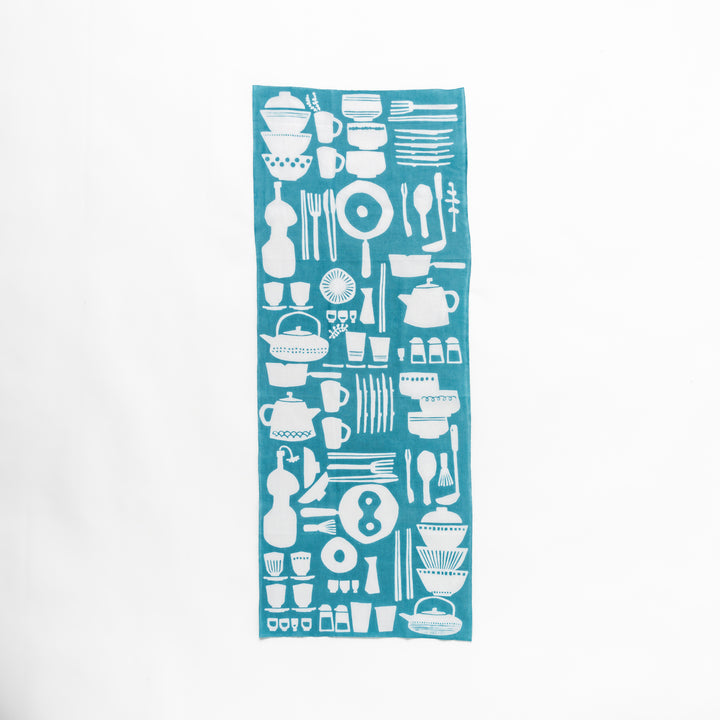 Blue Tenugui Hand Towel with a white graphic print of various kitchen utensils and tableware.