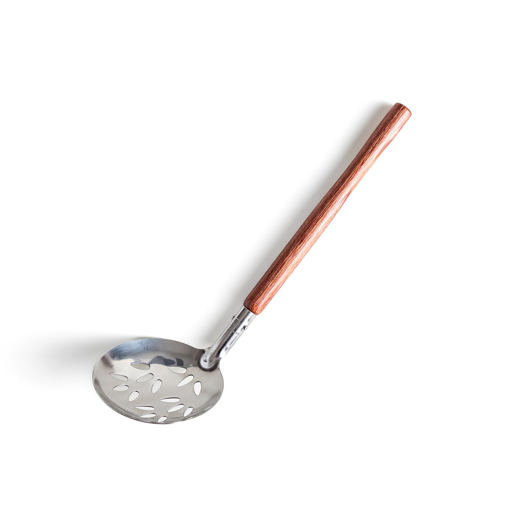 Durable wooden and stainless steel skimmer, essential kitchenware for cooking.