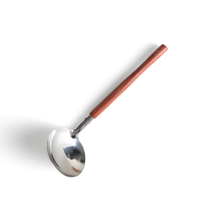 Durable wooden and stainless steel ladle, essential kitchenware for cooking.