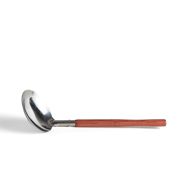 Durable wooden and stainless steel ladle, essential kitchenware for cooking.