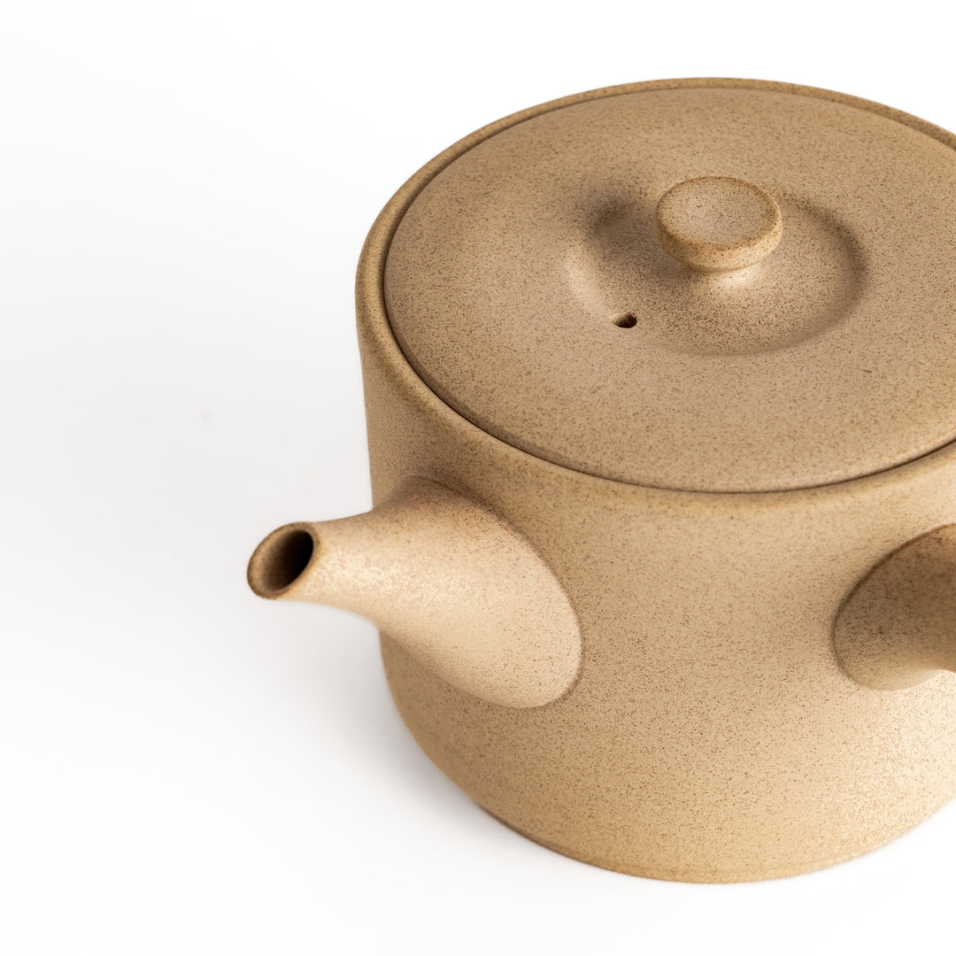 Close-up of the beige teapot’s spout, showcasing its refined craftsmanship and textured surface.