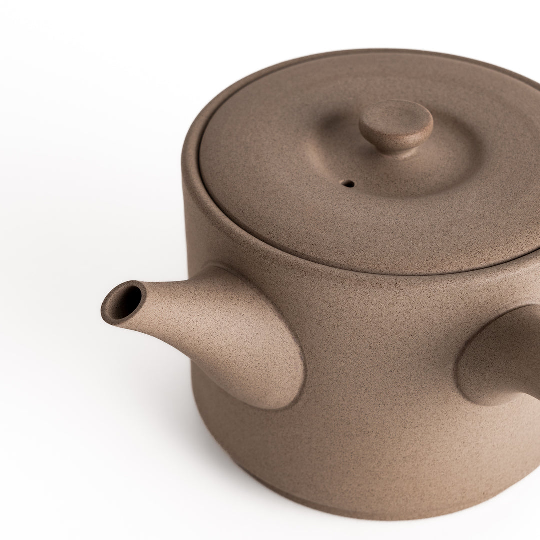 Close-up of the gray teapot’s spout, showcasing its refined craftsmanship and textured surface.