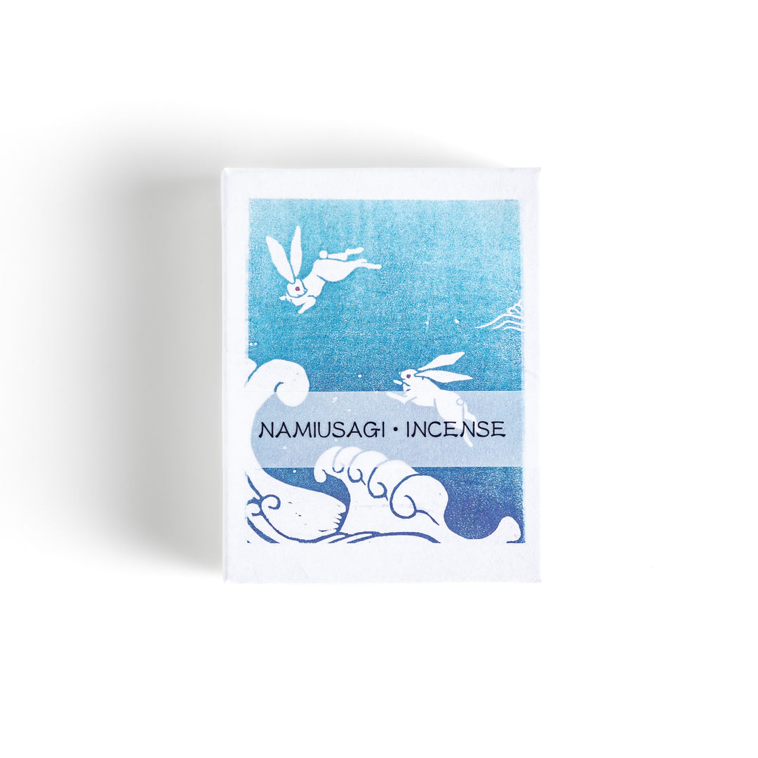 Incense with deep blue sticks, presented in a box featuring a traditional Japanese wave and rabbit design, offering a refreshing and calming fragrance.