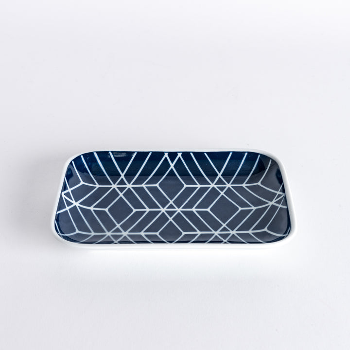 Slightly angled view of the Modern Indigo Tile Dessert Plate showcasing its clean lines and modern design.