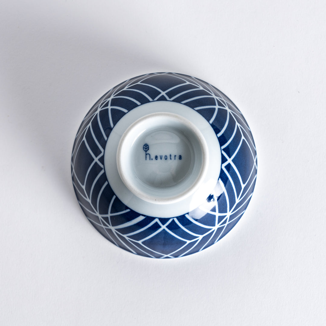 Bottom view of the Modern Indigo Tile Rice Bowl, showing the blue base and the maker's markings.