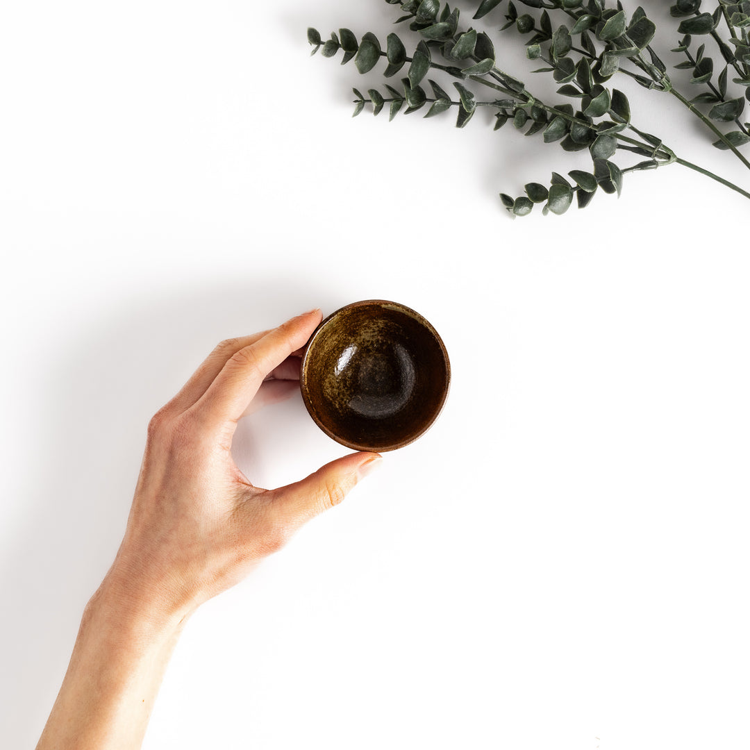 Hand holding a small, brown sake cup with a rustic glaze, perfect for savoring the complex flavors of sake.