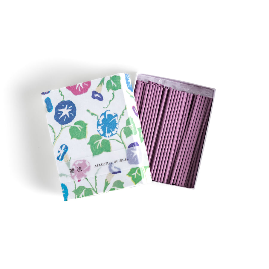 Incense featuring soft purple sticks in a box adorned with a vibrant morning glory pattern, evoking a fresh and floral fragrance inspired by early summer mornings.