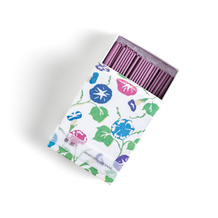 Incense featuring soft purple sticks in a box adorned with a vibrant morning glory pattern, evoking a fresh and floral fragrance inspired by early summer mornings.