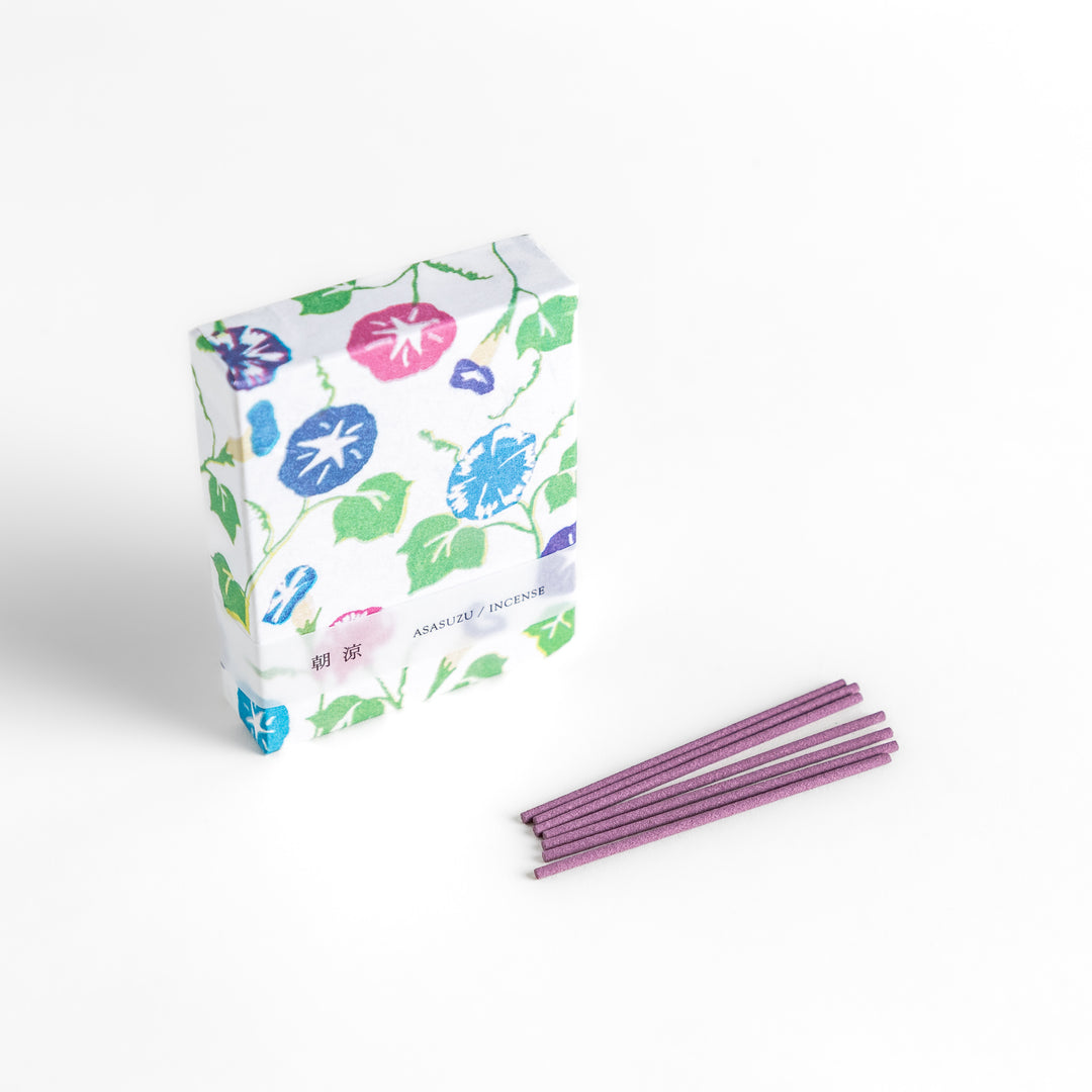 Incense featuring soft purple sticks in a box adorned with a vibrant morning glory pattern, evoking a fresh and floral fragrance inspired by early summer mornings.