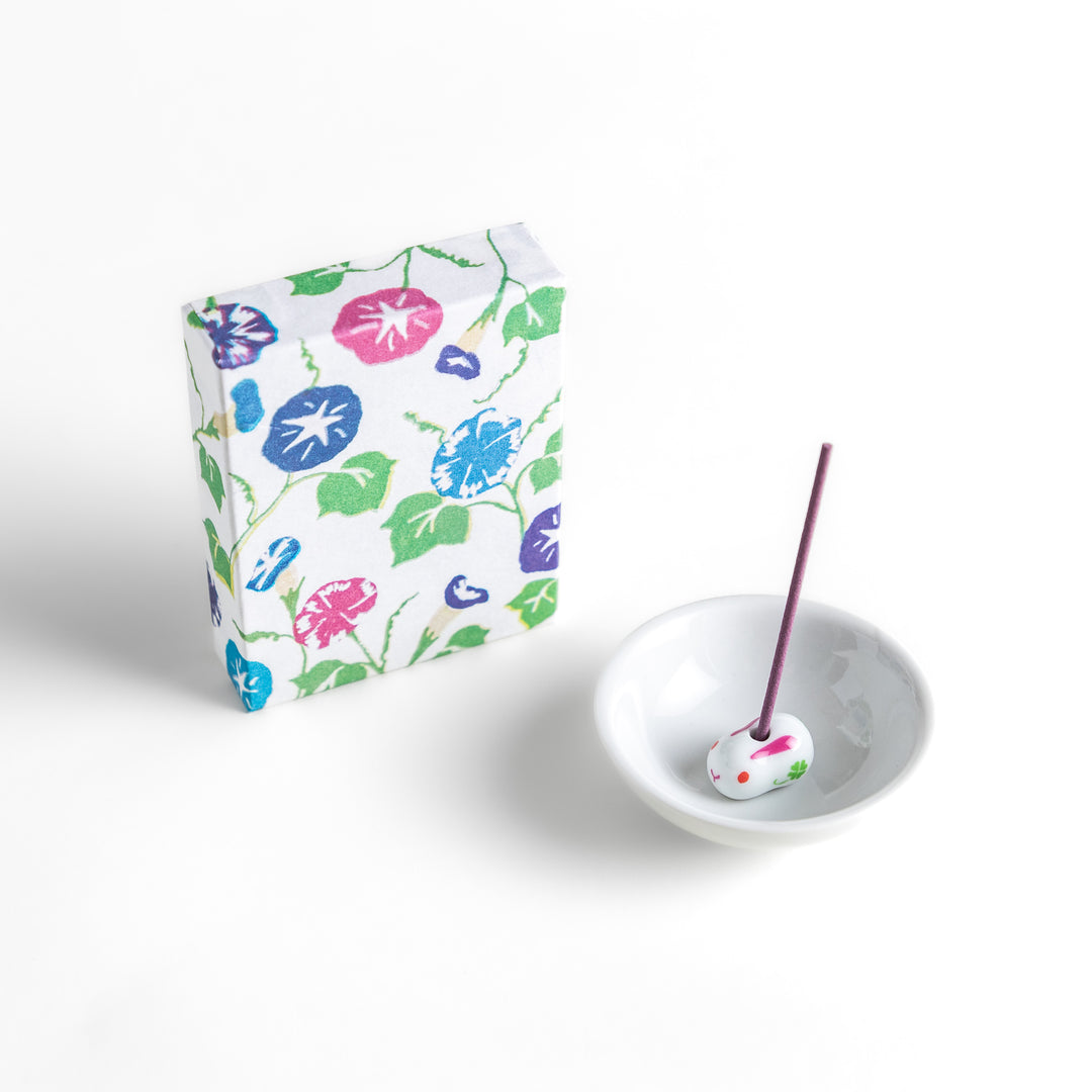 Incense featuring soft purple sticks in a box adorned with a vibrant morning glory pattern, evoking a fresh and floral fragrance inspired by early summer mornings.