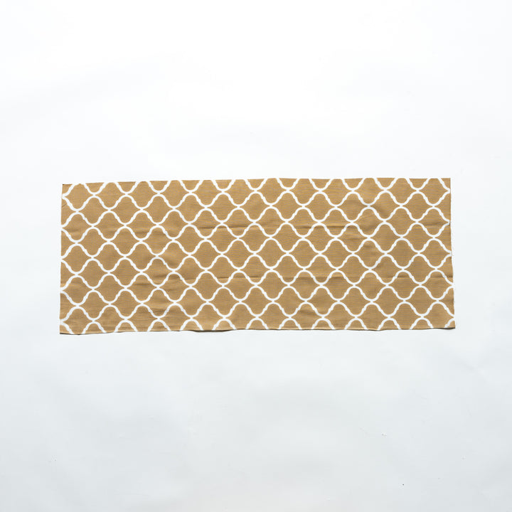 Moroccan tile-patterned beige tenugui hand towel laid flat, showcasing its full design.