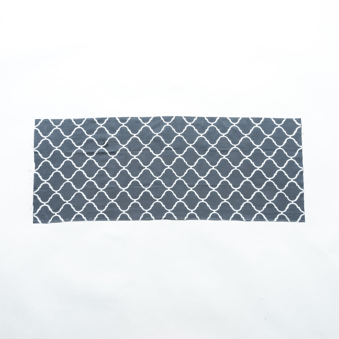 Moroccan tile-patterned gray tenugui hand towel laid flat, showcasing its full design.