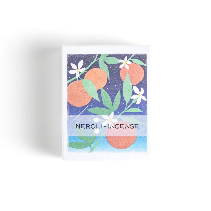 Incense featuring natural-toned sticks in a box adorned with an elegant illustration of neroli flowers and oranges, offering a citrusy and refreshing fragrance.