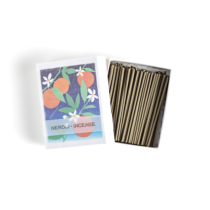 Incense featuring natural-toned sticks in a box adorned with an elegant illustration of neroli flowers and oranges, offering a citrusy and refreshing fragrance.