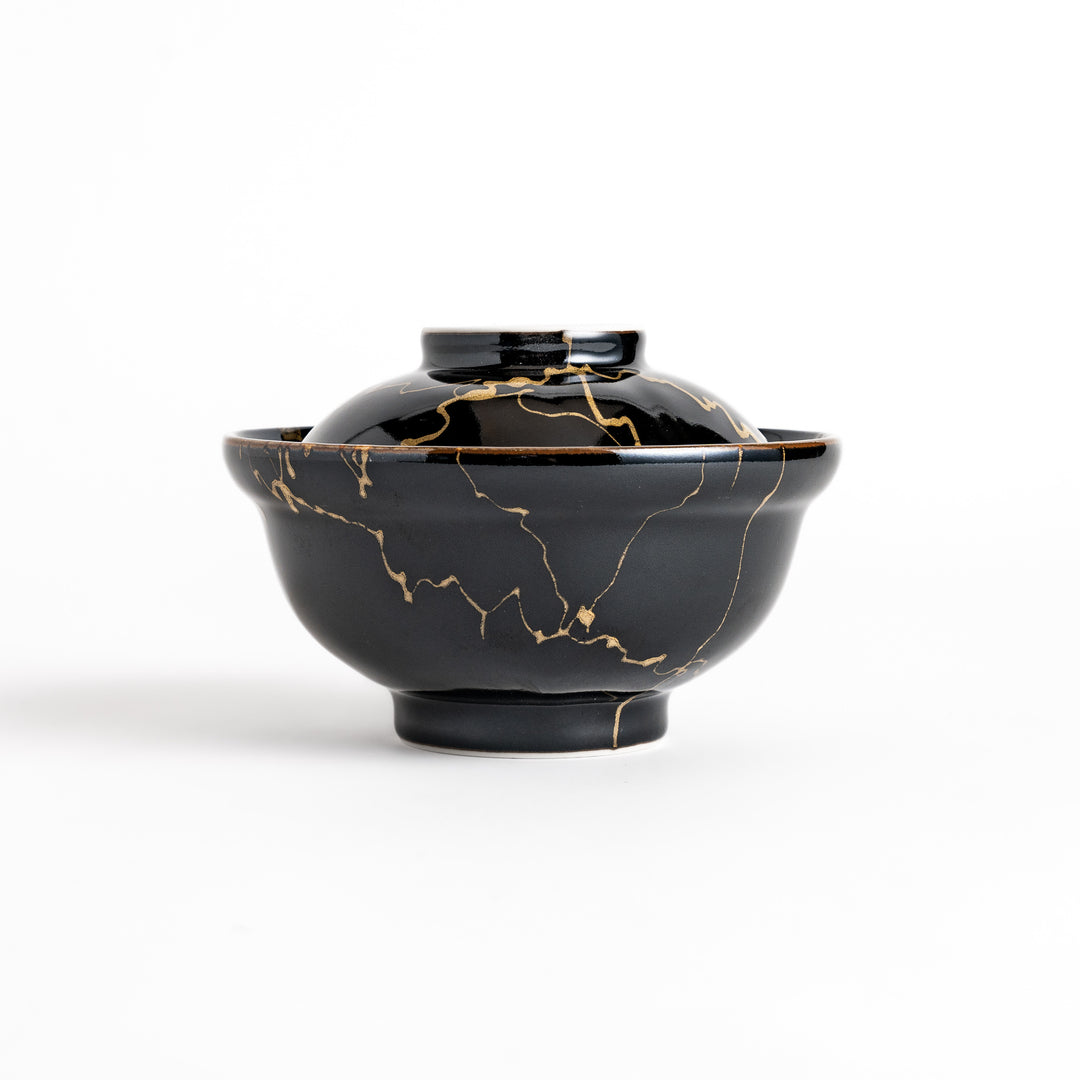 Black ceramic donburi bowl with a striking gold marbled design and a matching lid, perfect for serving and enjoying a variety of Japanese rice dishes."