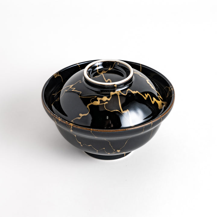 Black ceramic donburi bowl with a striking gold marbled design and a matching lid, perfect for serving and enjoying a variety of Japanese rice dishes."