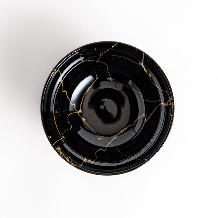 Black ceramic donburi bowl with a striking gold marbled design and a matching lid, perfect for serving and enjoying a variety of Japanese rice dishes."