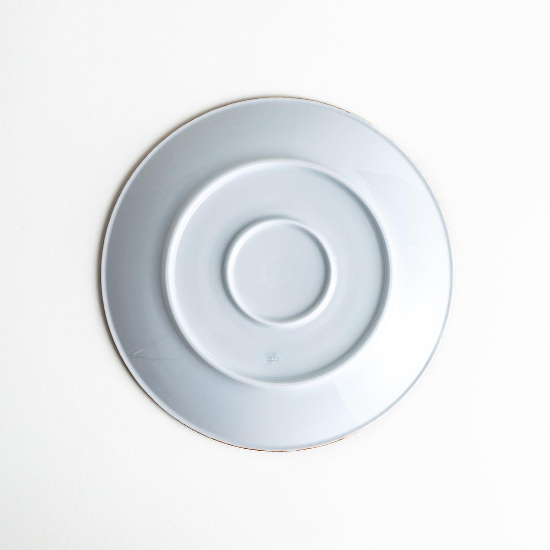 A round white dinner plate with a rustic scallop-edged border. The border comes in blue, brown, and olive.