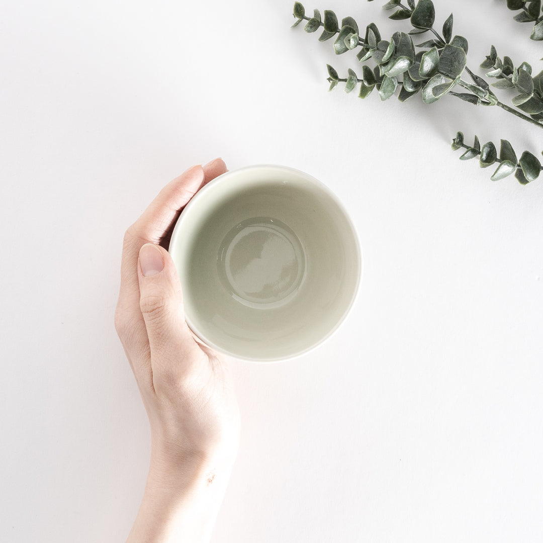 A light green dessert bowl held by hand, viewed from above, showcasing its glossy, curved interior.