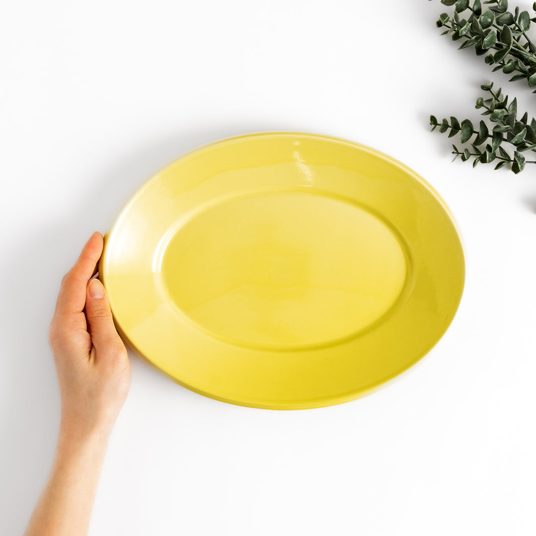 Durable and elegant yellow ceramic dinner plate, adding a pop of sunshine to your table setting.