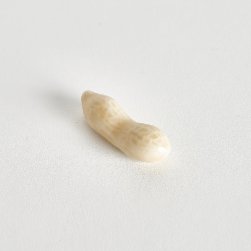 A single light-colored peanut placed on a white background, showing intricate details on the surface.