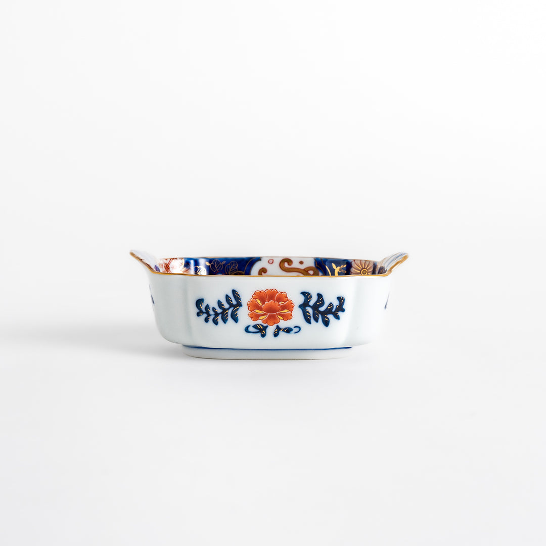 Vibrant Condiment Bowl with pine, bamboo, and plum motifs, accented by cranes and gold detailing, featuring a flared edge design.