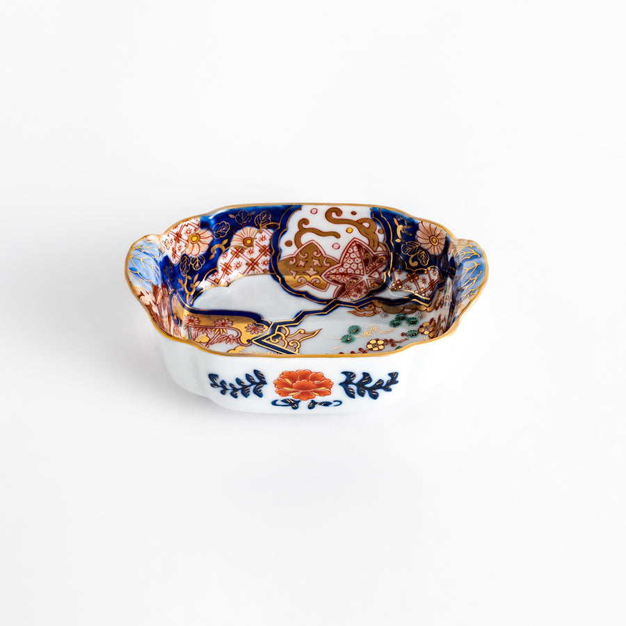 Vibrant Condiment Bowl with pine, bamboo, and plum motifs, accented by cranes and gold detailing, featuring a flared edge design.