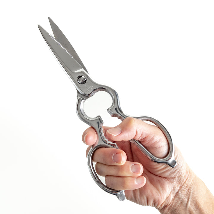 A hand holding silver kitchen shears with a detachable design, showcasing serrated blades and ergonomic handles for precise cutting and comfort.