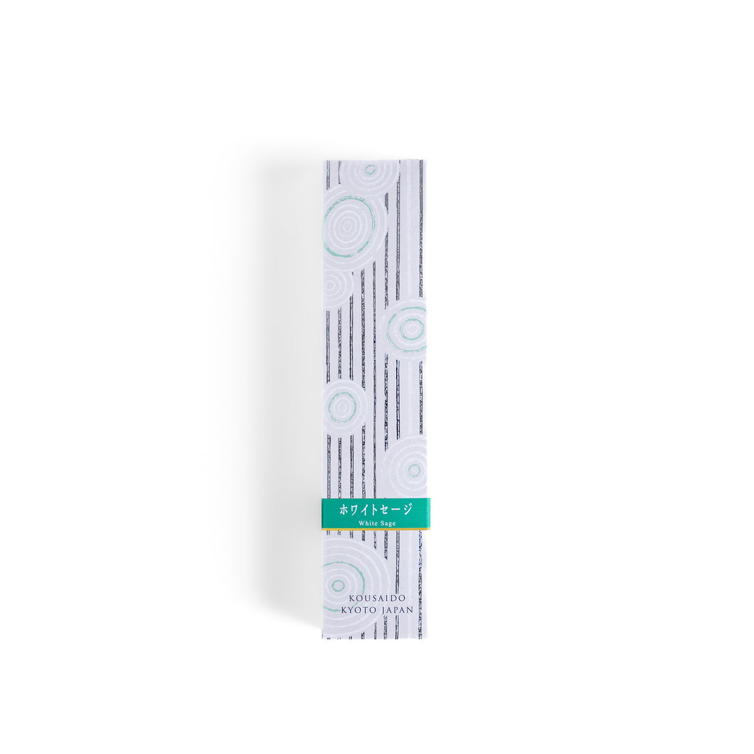 Purity White Sage Incense in a light wooden box with deep green sticks, elegantly packaged in a white design featuring subtle circular patterns, evoking a fresh and cleansing white sage aroma.