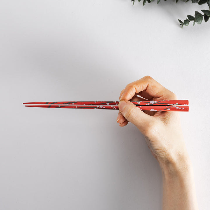 Red and white chopsticks featuring plum blossom patterns are elegantly arranged side by side, showcasing their traditional design.