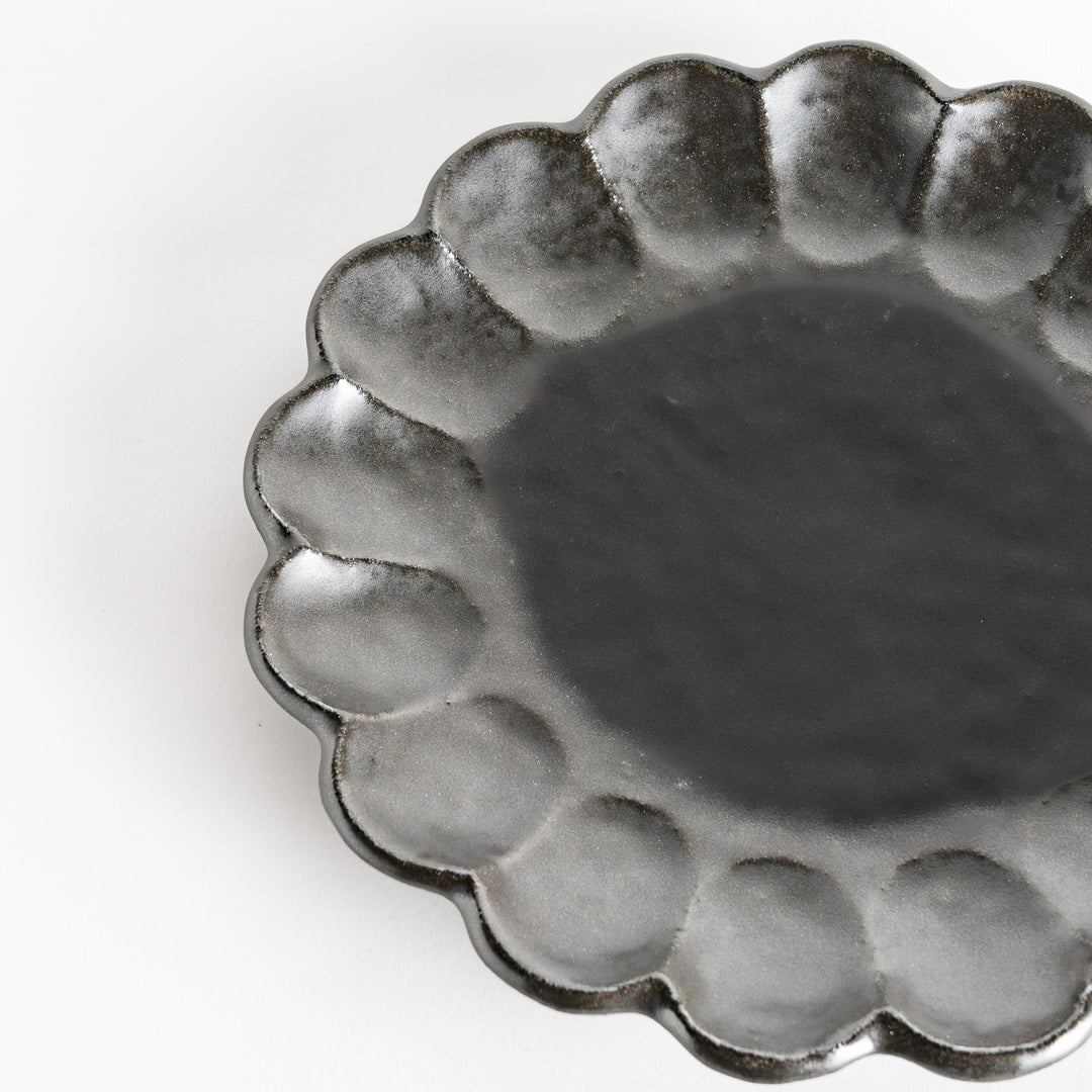 A round white dessert bowl with a rustic scallop-edged border. The border comes in blue, brown, and olive.