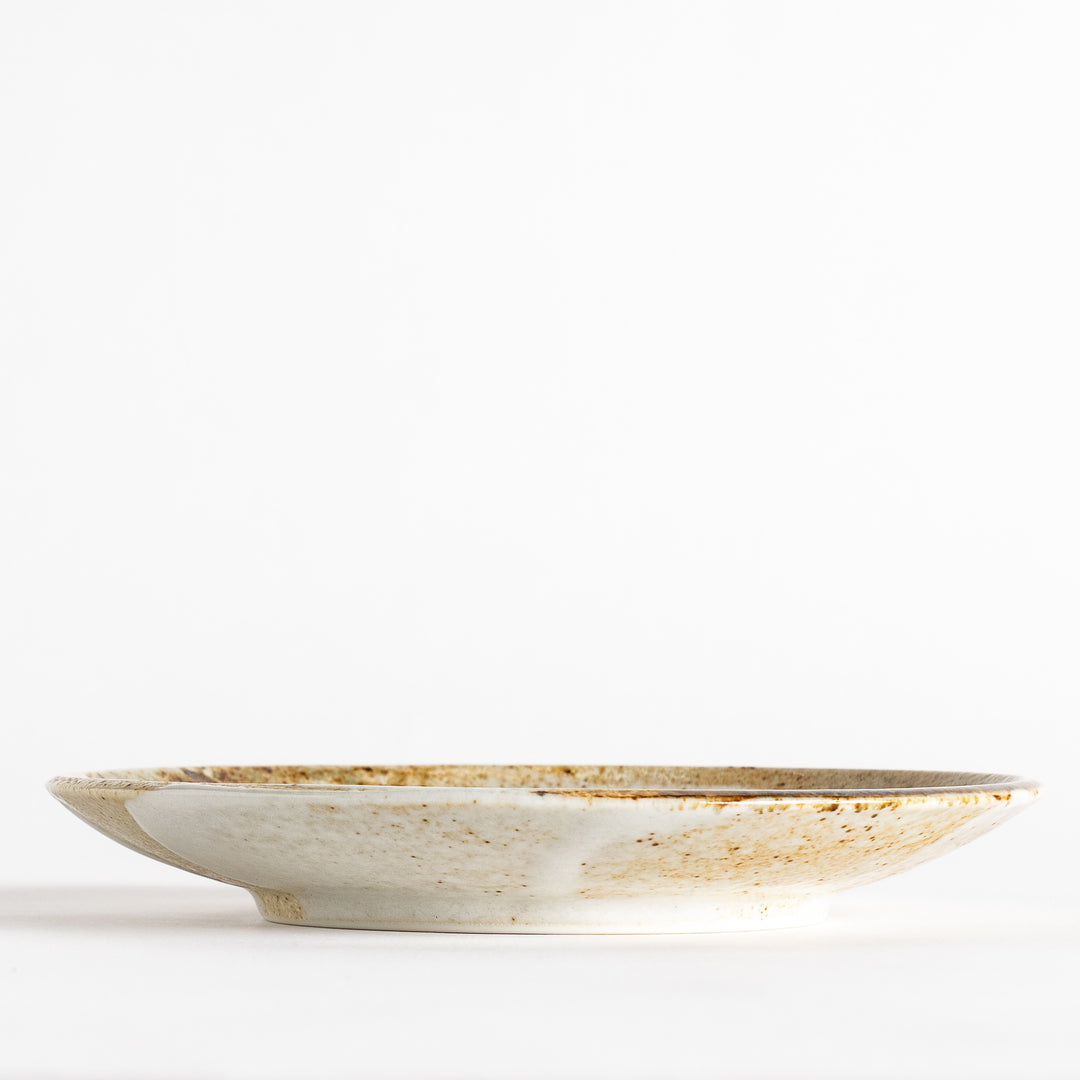 A small dessert plate with a speckled cream and brown glaze, featuring an organic, earthy design.