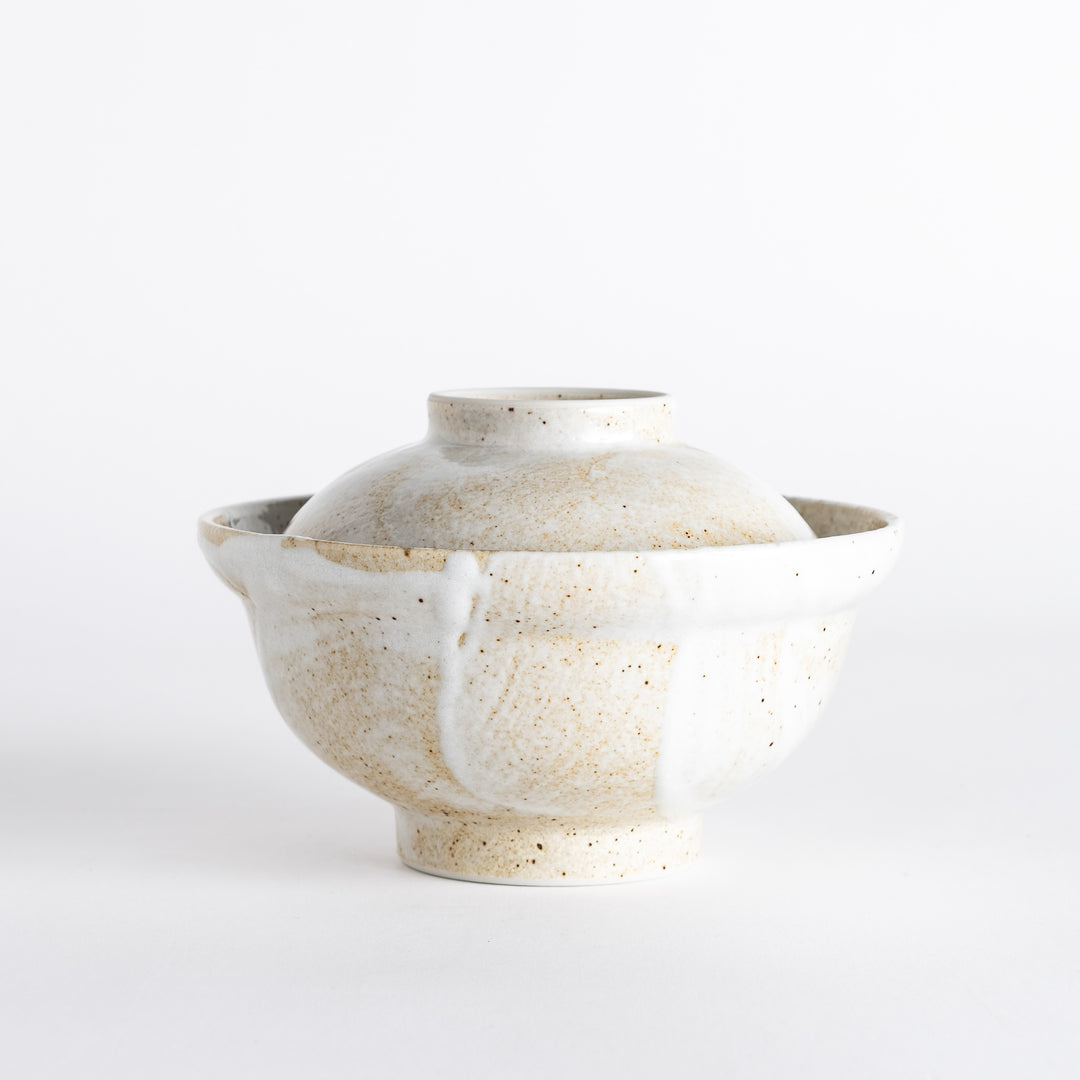 Top view of the rustic donburi bowl, showcasing its speckled surface and beautiful lid, perfect for keeping food warm.