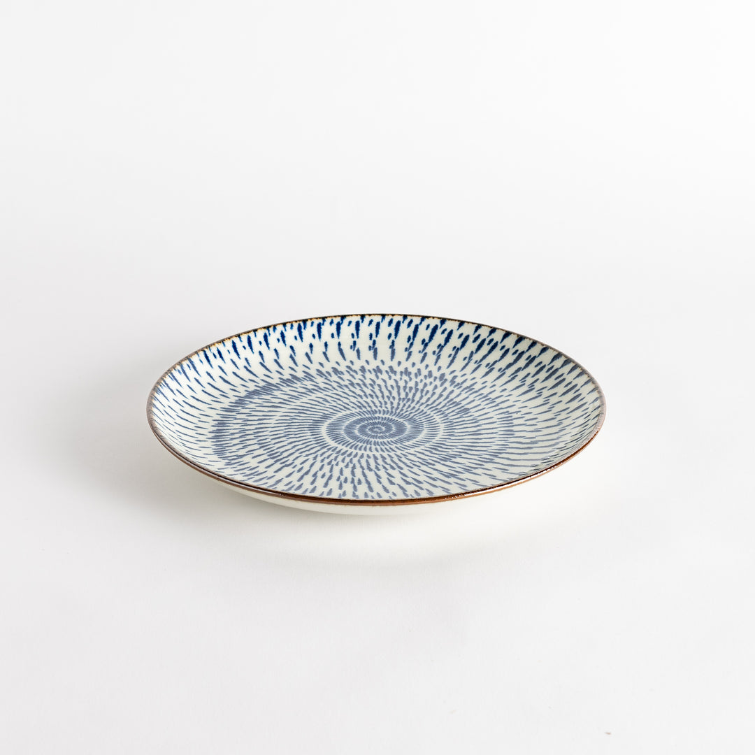 A round dinner plate featuring a striking pattern of blue lines radiating from the center.