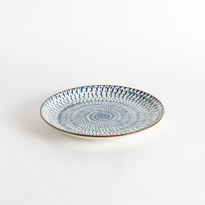 A round dinner plate featuring a striking pattern of blue lines radiating from the center.