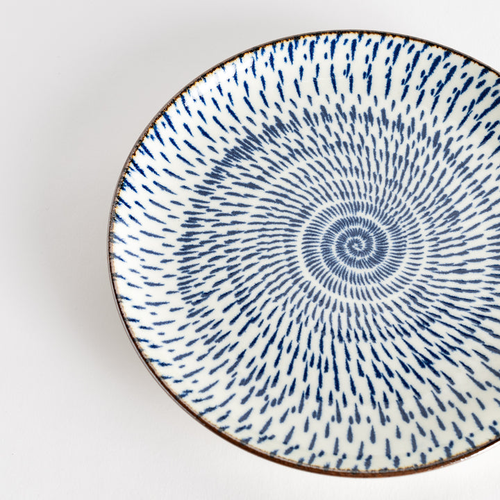 A round dinner plate featuring a striking pattern of blue lines radiating from the center.