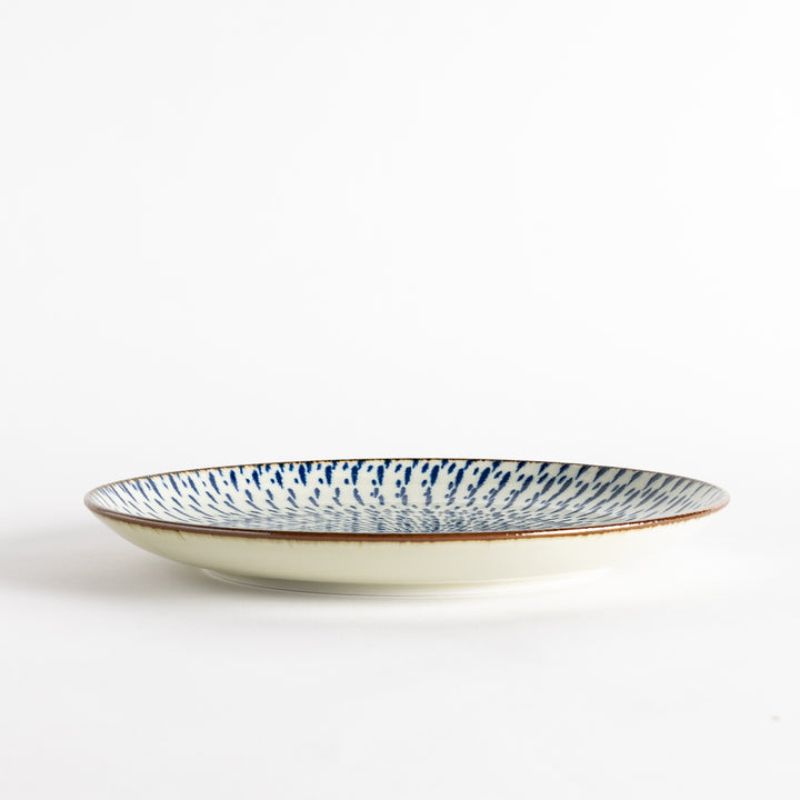 A round dinner plate featuring a striking pattern of blue lines radiating from the center.