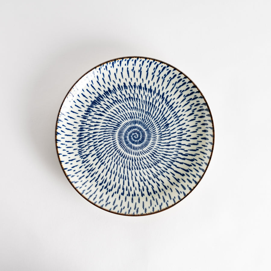 A round dinner plate featuring a striking pattern of blue lines radiating from the center.