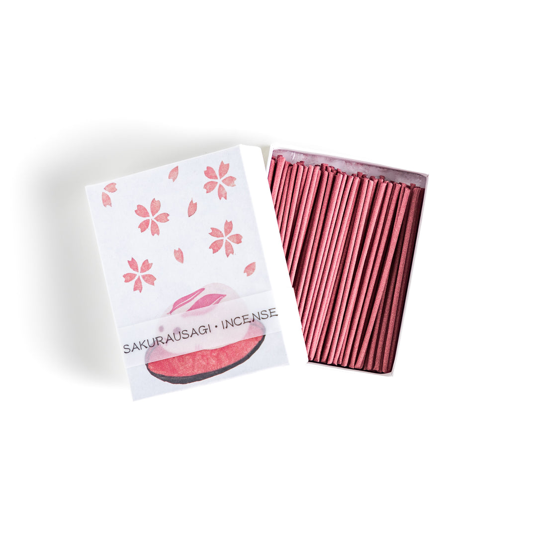 Incense featuring soft pink sticks in a box adorned with cherry blossoms and a rabbit motif, offering a delicate floral fragrance inspired by springtime sakura.