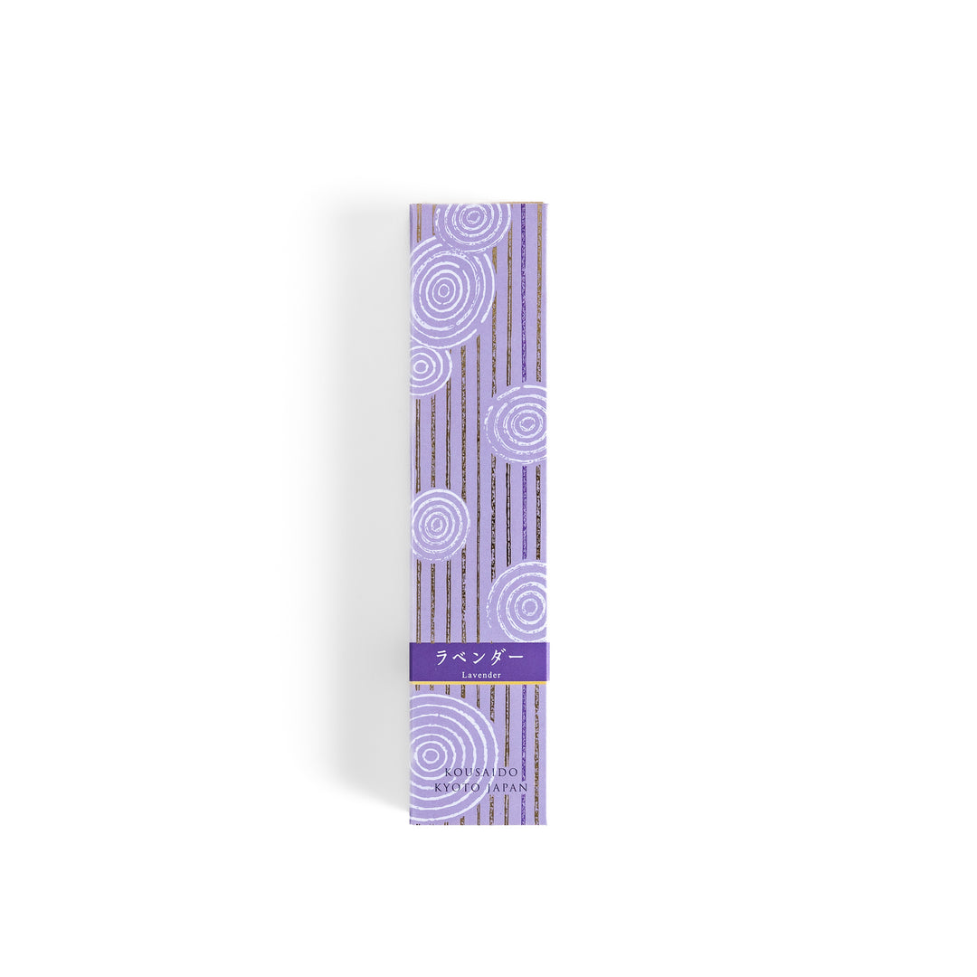 Soothing Lavender Incense in a light wooden box with deep purple sticks, elegantly packaged in a lavender-toned design featuring white circular patterns for a calming ambiance.