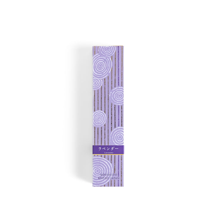 Soothing Lavender Incense in a light wooden box with deep purple sticks, elegantly packaged in a lavender-toned design featuring white circular patterns for a calming ambiance.