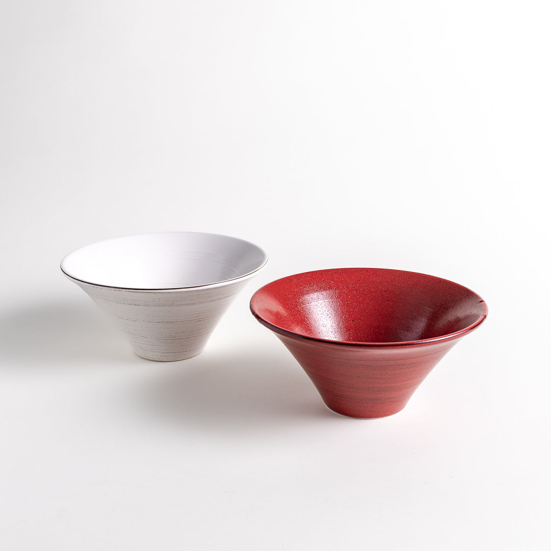 Set of red and white ramen bowls, perfect for serving noodle dishes.






