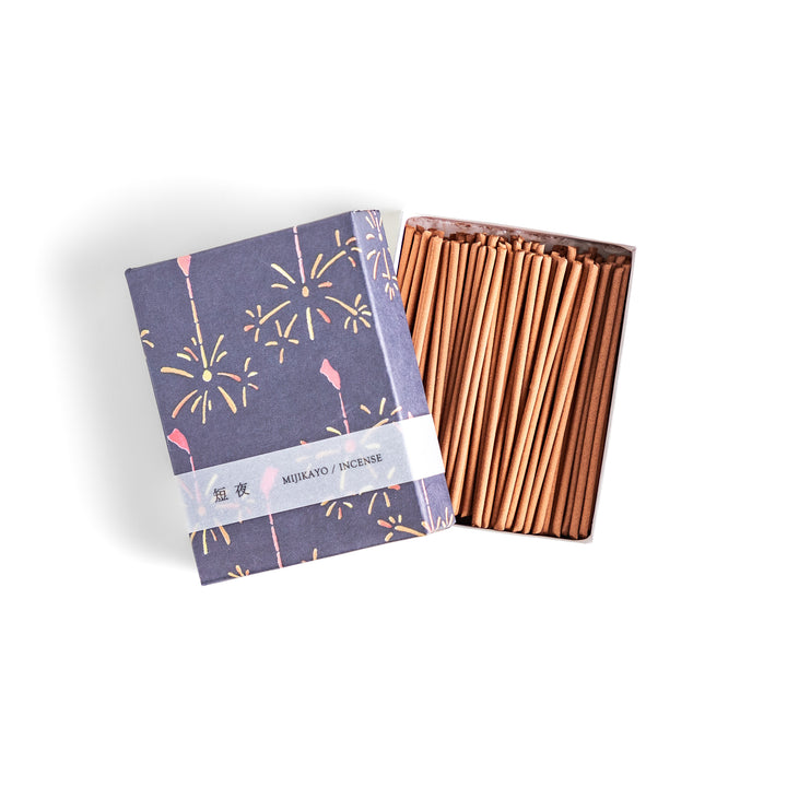 Incense featuring warm brown sticks in a box decorated with a dark blue background and delicate fireworks, evoking a nostalgic summer night atmosphere with a soothing aroma.