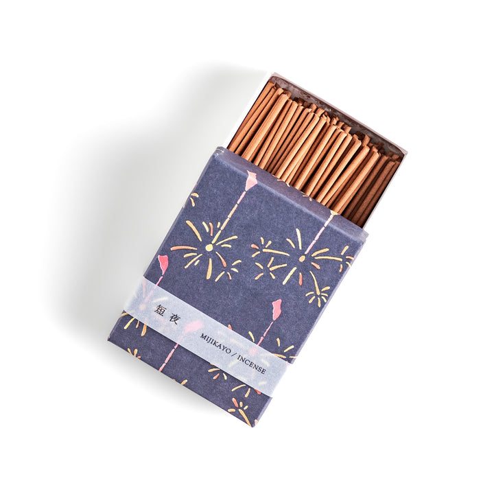 Incense featuring warm brown sticks in a box decorated with a dark blue background and delicate fireworks, evoking a nostalgic summer night atmosphere with a soothing aroma.