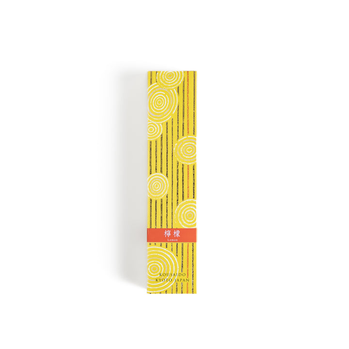 Sunny Lemon Incense in a light wooden box with golden-yellow sticks, elegantly packaged in a vibrant yellow design featuring white circular patterns, evoking a bright and refreshing citrus aroma.