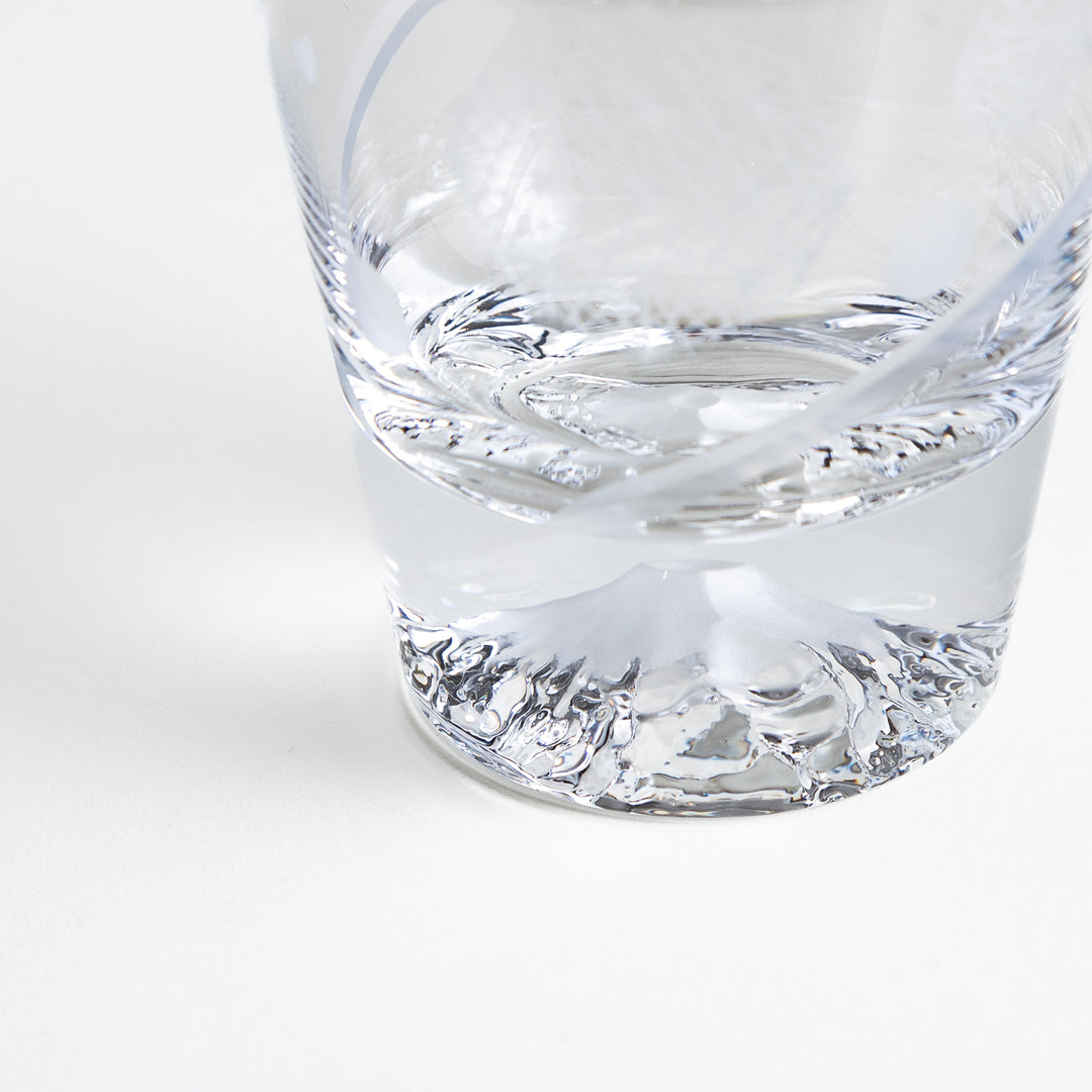 Close-up of a glass, featuring the mountain design at the bottom.