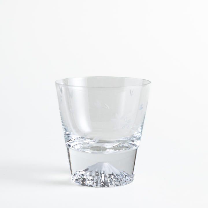 Clear glass with a subtle sakura pattern on the surface, featuring a distinctive mountain-shaped base, viewed from the side.